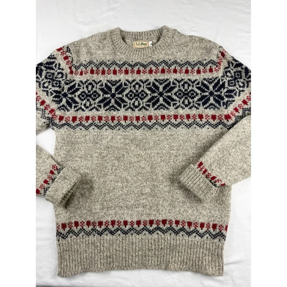 LL Bean Freeport Maine Vintage Wool Sweater Nordic Fair Isle Beige Mens M